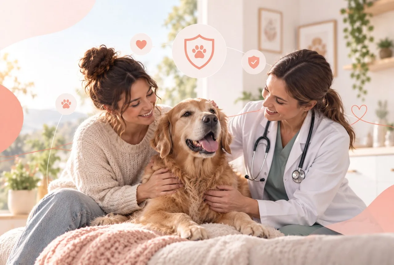 Veterinarian discussing care with an owner and dog